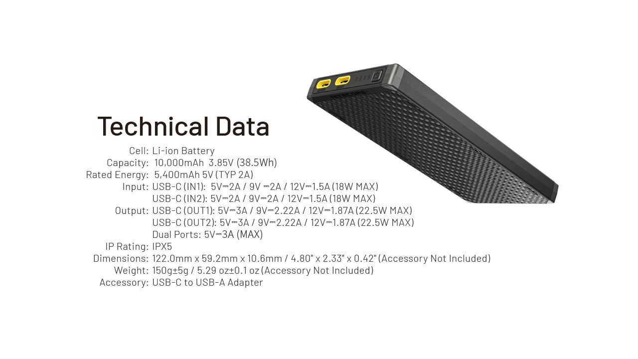 Nitecore NB10000 Gen III Ultra-Slim Powerbank 10000mAh, Schnellladefunktion, tragbares Ladegerät mit zwei USB-C-Anschlüssen