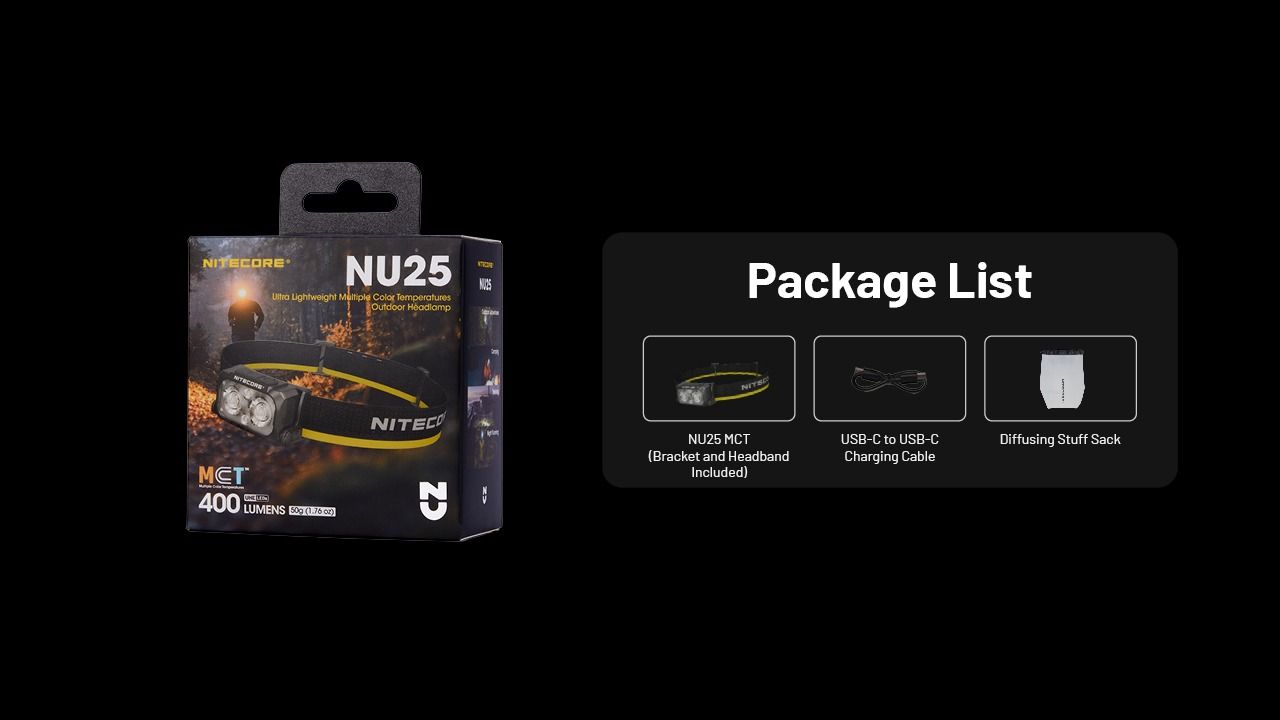 NITECORE NU25 MCT leichte Stirnlampe 400 Lumen wiederaufladbar USB-C Dual Beam optimal für Outdoor-Abenteuer