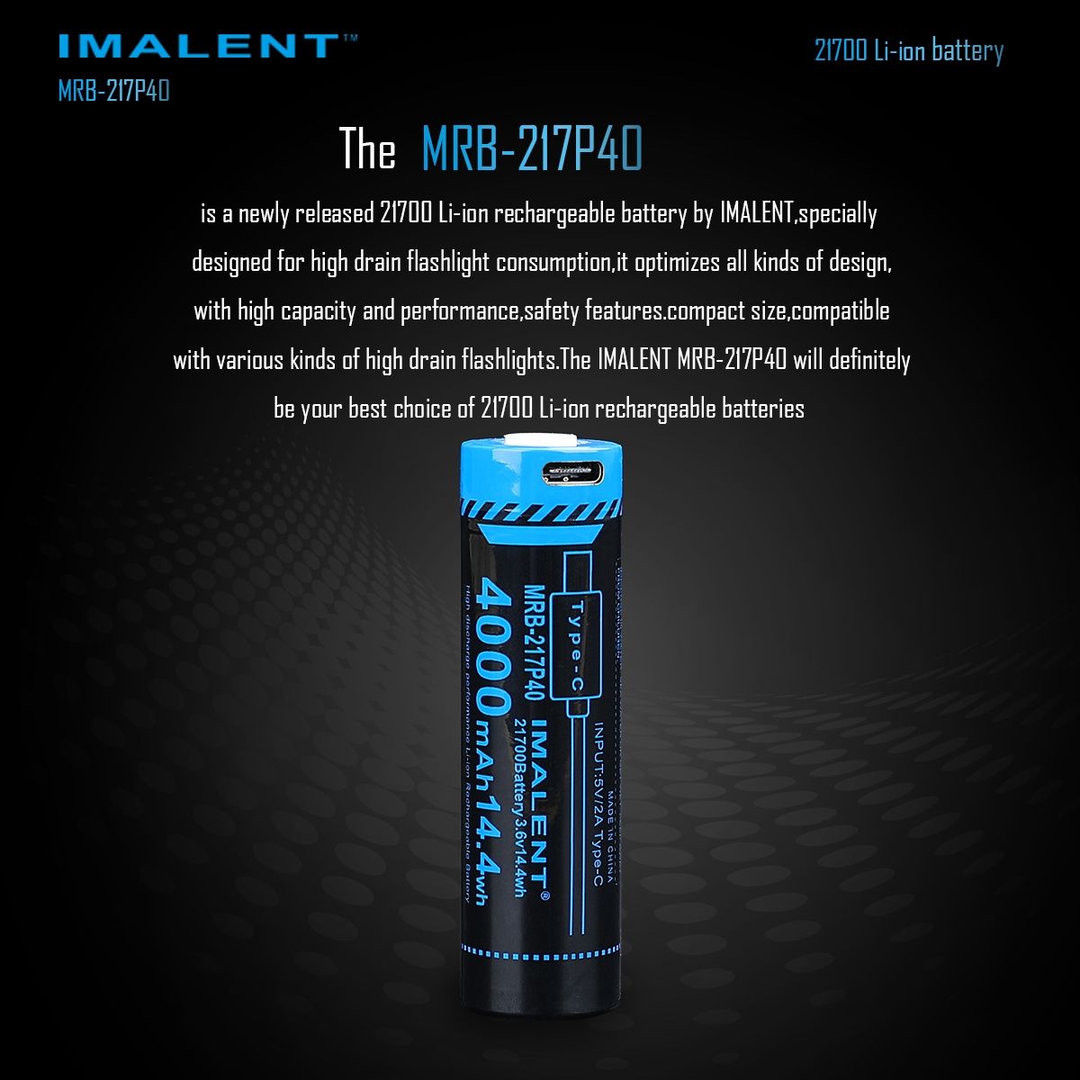 IMALENT MRB-217P40 21700 4000mAh Batterie Typ-C wiederaufladbar für Taschenlampen und elektronische Geräte
