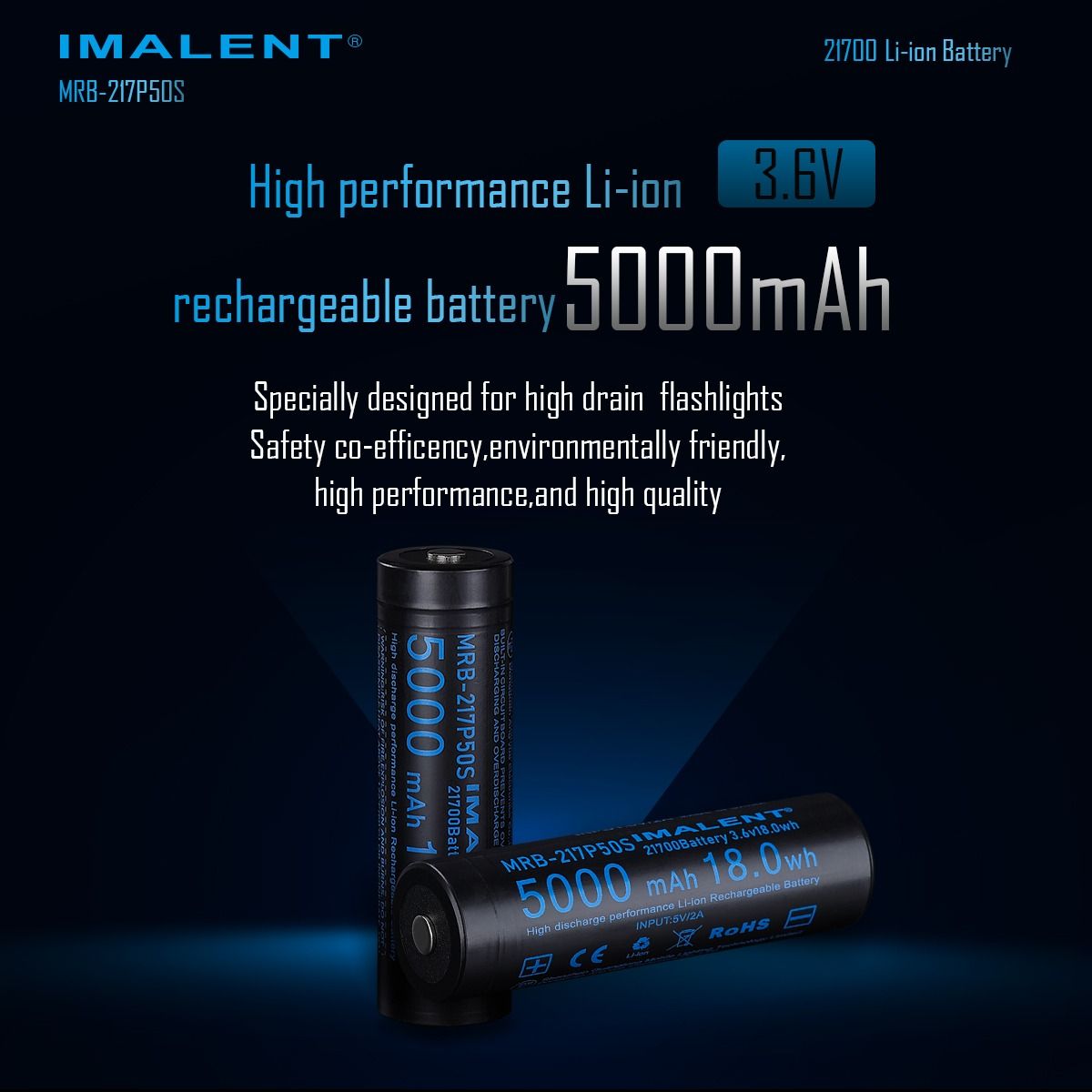 IMALENT MRB-217P50S 21700 Akku 5000mAh 3.6V | Wiederaufladbarer Lithium-Ionen Taschenlampen Akku