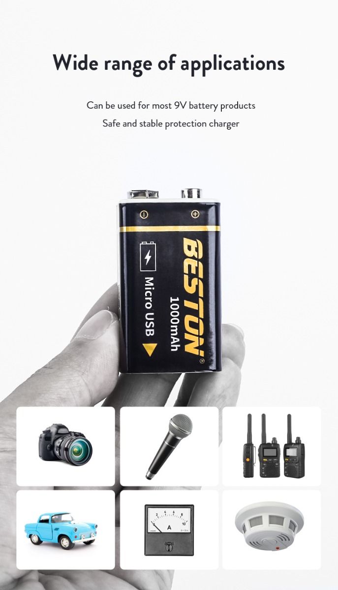 Beston 9V 1000mAh wiederaufladbare Mikro-USB-Batterie, umweltfreundliche Energie für RC-Helikopter, Mikrofon und Spielzeug