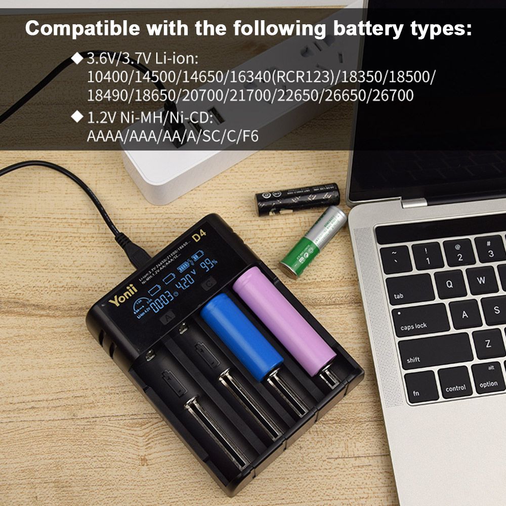 YONII D4 LCD 4-Slot-18650-Batterieladegerät für 18650 21700 26650 Lithium AA AAA Ni-MH-Akkus