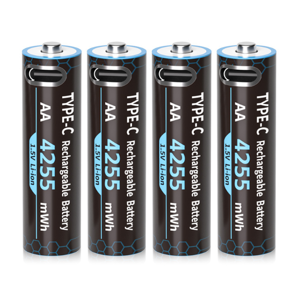 4er-Pack wiederaufladbare AA-Lithium-Batterien 1,5 V, 4255 mWh hohe Kapazität, LED-Anzeige & USB-C-Anschluss, 2 h Schnellladung für Spielzeug, Fernbedienung, Taschenlampe