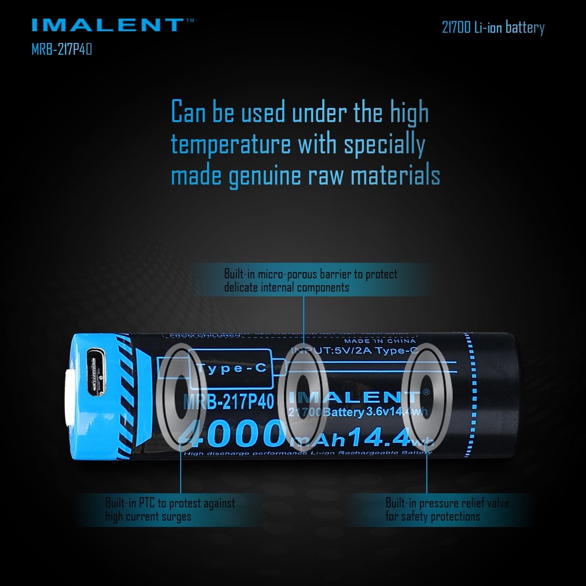 IMALENT MRB-217P40 21700 4000mAh Batterie Typ-C wiederaufladbar für Taschenlampen und elektronische Geräte
