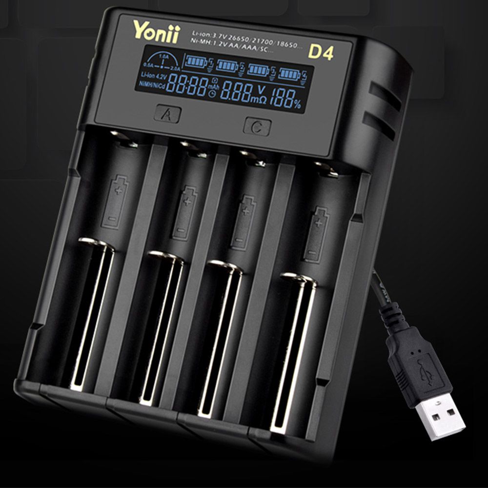 YONII D4 LCD 4-Slot-18650-Batterieladegerät für 18650 21700 26650 Lithium AA AAA Ni-MH-Akkus