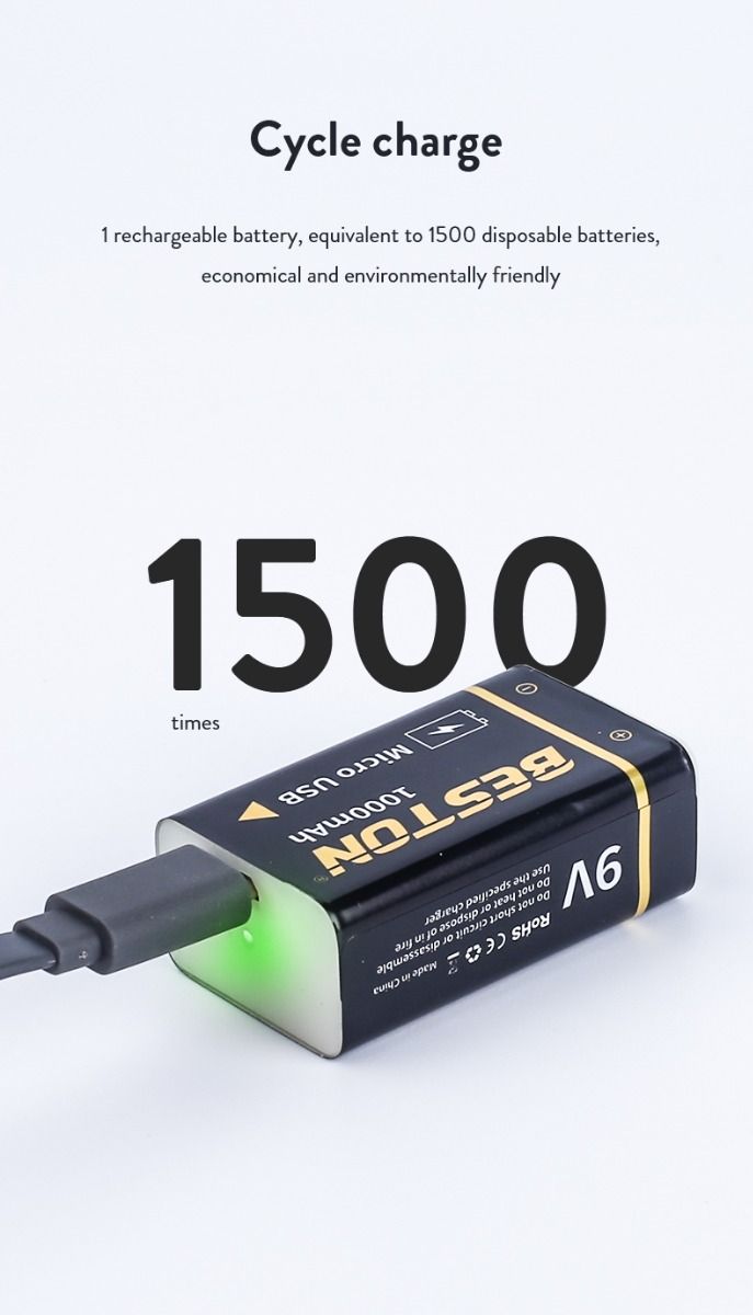 Beston 9V 1000mAh wiederaufladbare Mikro-USB-Batterie, umweltfreundliche Energie für RC-Helikopter, Mikrofon und Spielzeug
