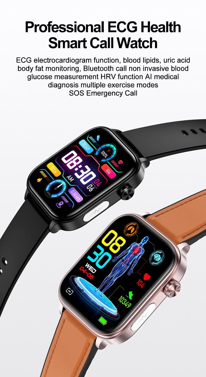 ET570 Blutzucker Smartwatch mit EKG, Herzfrequenz- und Blutdruckmessung