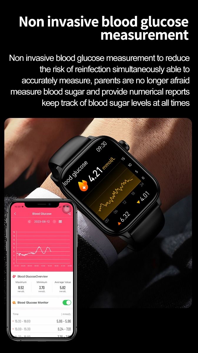 ET570 Blutzucker Smartwatch mit EKG, Herzfrequenz- und Blutdruckmessung