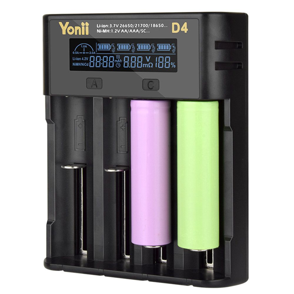 YONII D4 LCD 4-Slot-18650-Batterieladegerät für 18650 21700 26650 Lithium AA AAA Ni-MH-Akkus