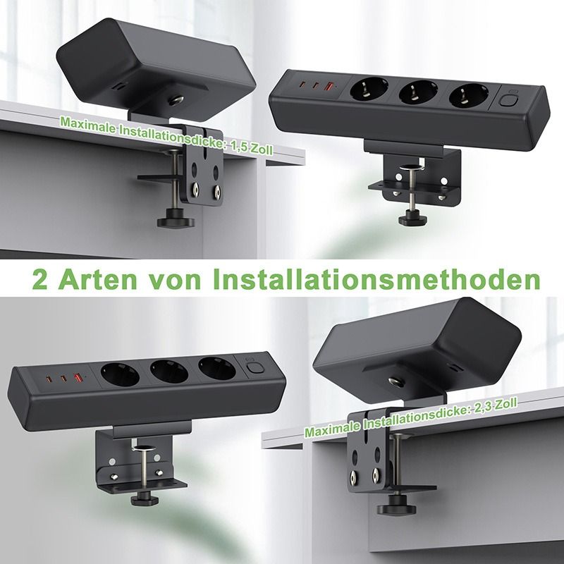 Tischklemmen-Steckdosenleiste, Komplette Schnellladestation mit 18/65W USB-Schnellladefunktion und europäischer Standardsteckdose, Überlastschutzschalter, Tischsteckdose, EU-Stromversorgung für Büromöbel