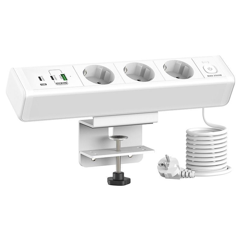 Tischklemmen-Steckdosenleiste, Komplette Schnellladestation mit 18/65W USB-Schnellladefunktion und europäischer Standardsteckdose, Überlastschutzschalter, Tischsteckdose, EU-Stromversorgung für Büromöbel