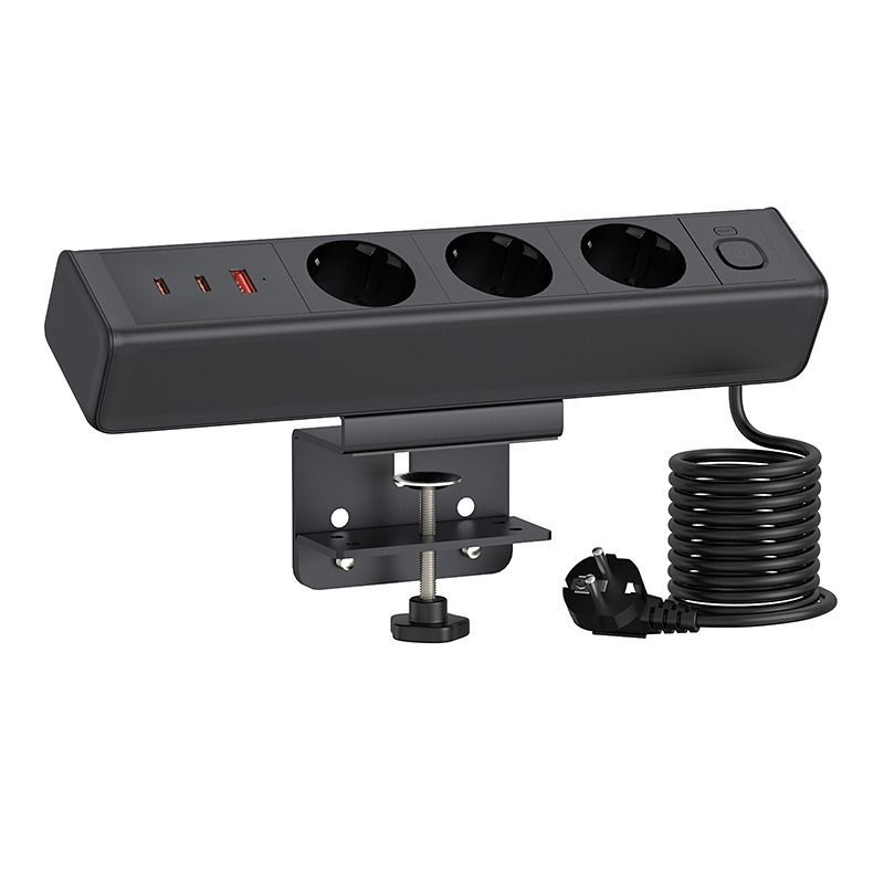 Tischklemmen-Steckdosenleiste, Komplette Schnellladestation mit 18/65W USB-Schnellladefunktion und europäischer Standardsteckdose, Überlastschutzschalter, Tischsteckdose, EU-Stromversorgung für Büromöbel