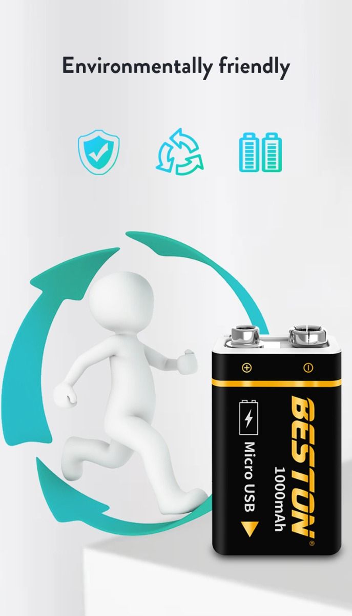 Beston 9V 1000mAh wiederaufladbare Mikro-USB-Batterie, umweltfreundliche Energie für RC-Helikopter, Mikrofon und Spielzeug