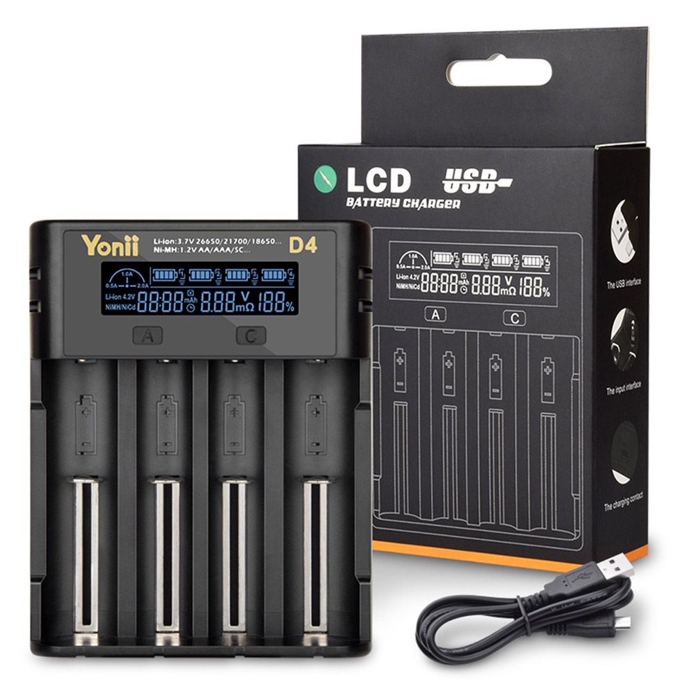 YONII D4 LCD 4-Slot-18650-Batterieladegerät für 18650 21700 26650 Lithium AA AAA Ni-MH-Akkus