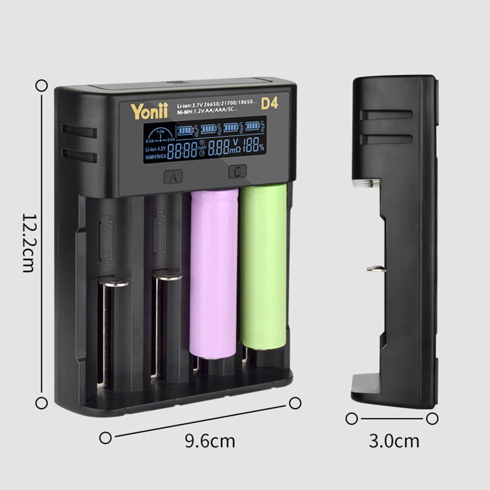 YONII D4 LCD 4-Slot-18650-Batterieladegerät für 18650 21700 26650 Lithium AA AAA Ni-MH-Akkus