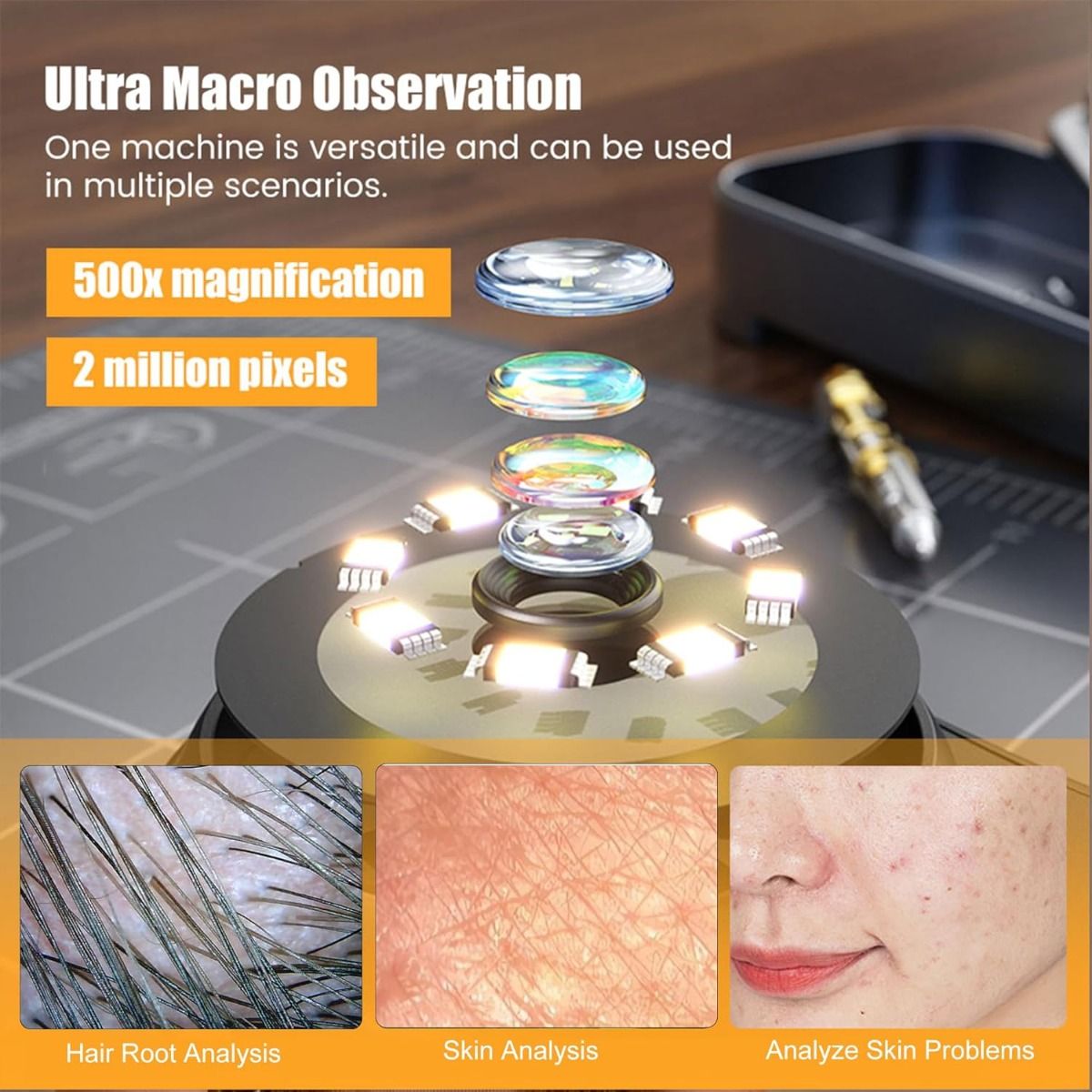 500x Vergrößerung Digitalmikroskop 2MP Vergrößerungsglas Elektronikreparatur Video Münzen Mikroskop Hand-Dermatoskop Hautanalysegerät