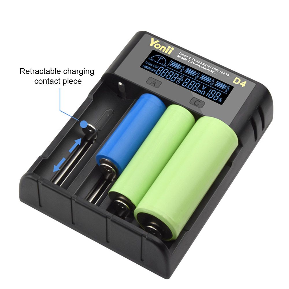 YONII D4 LCD 4-Slot-18650-Batterieladegerät für 18650 21700 26650 Lithium AA AAA Ni-MH-Akkus