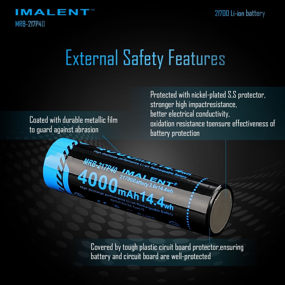 IMALENT MRB-217P40 21700 4000mAh Batterie Typ-C wiederaufladbar für Taschenlampen und elektronische Geräte