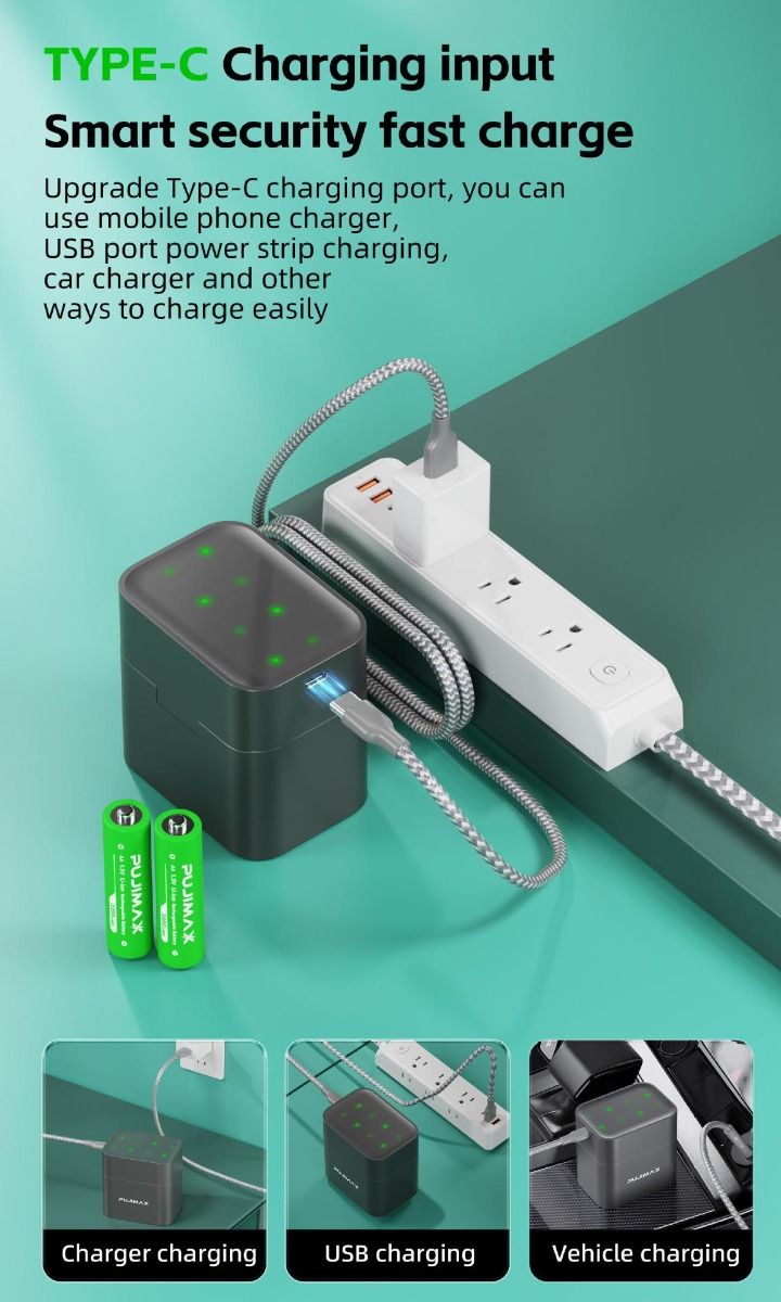 8-Fach-Ladegerät mit intelligentem Klappfach und USB-C-Anschluss für effizientes Laden von AA-Lithiumbatterien