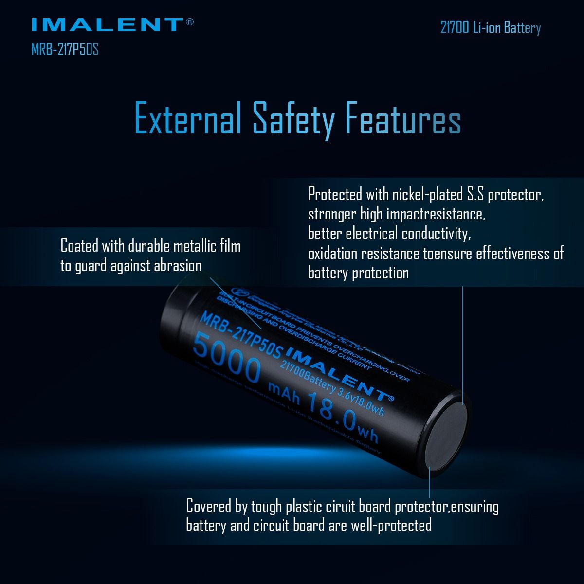 IMALENT MRB-217P50S 21700 Akku 5000mAh 3.6V | Wiederaufladbarer Lithium-Ionen Taschenlampen Akku