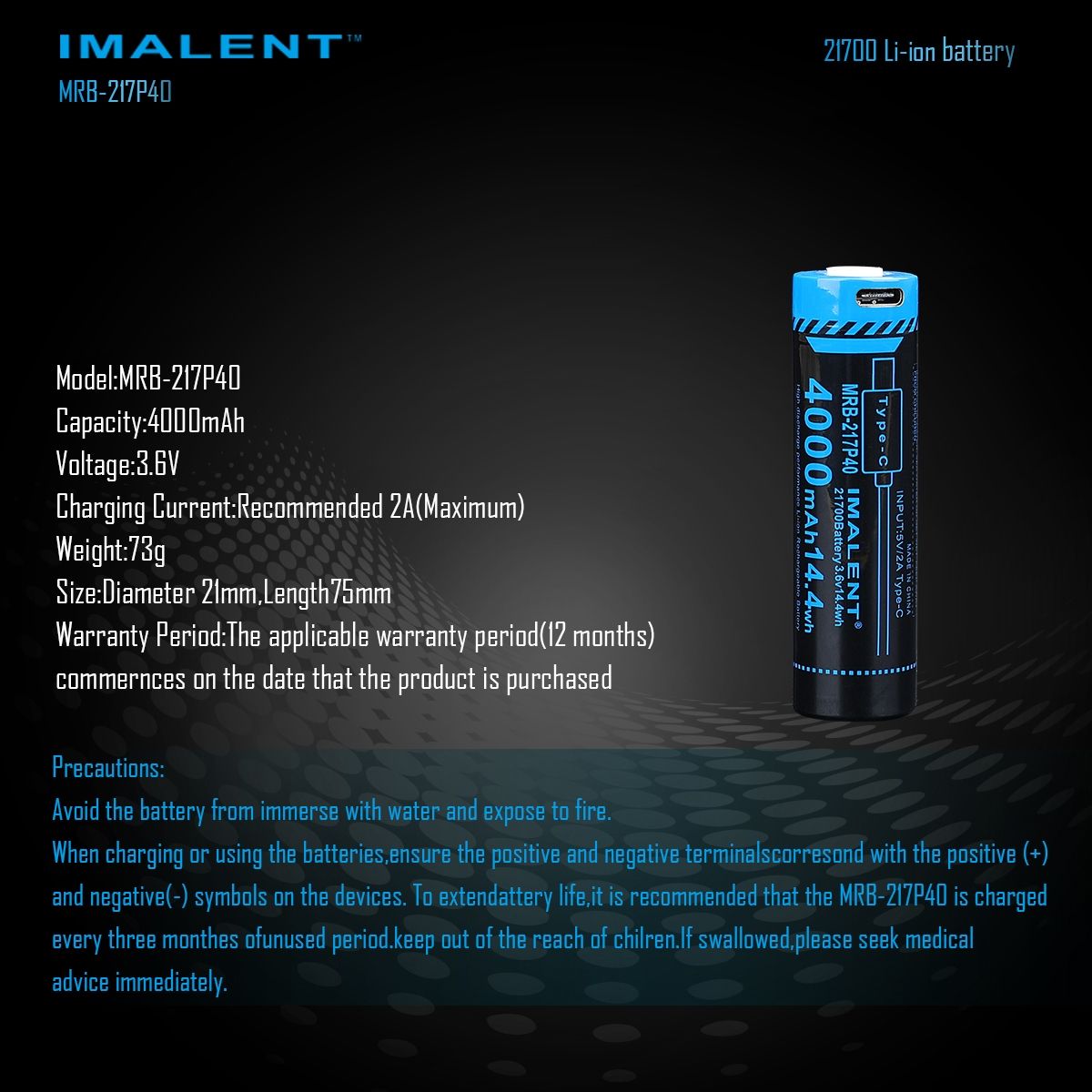 IMALENT MRB-217P40 21700 4000mAh Batterie Typ-C wiederaufladbar für Taschenlampen und elektronische Geräte