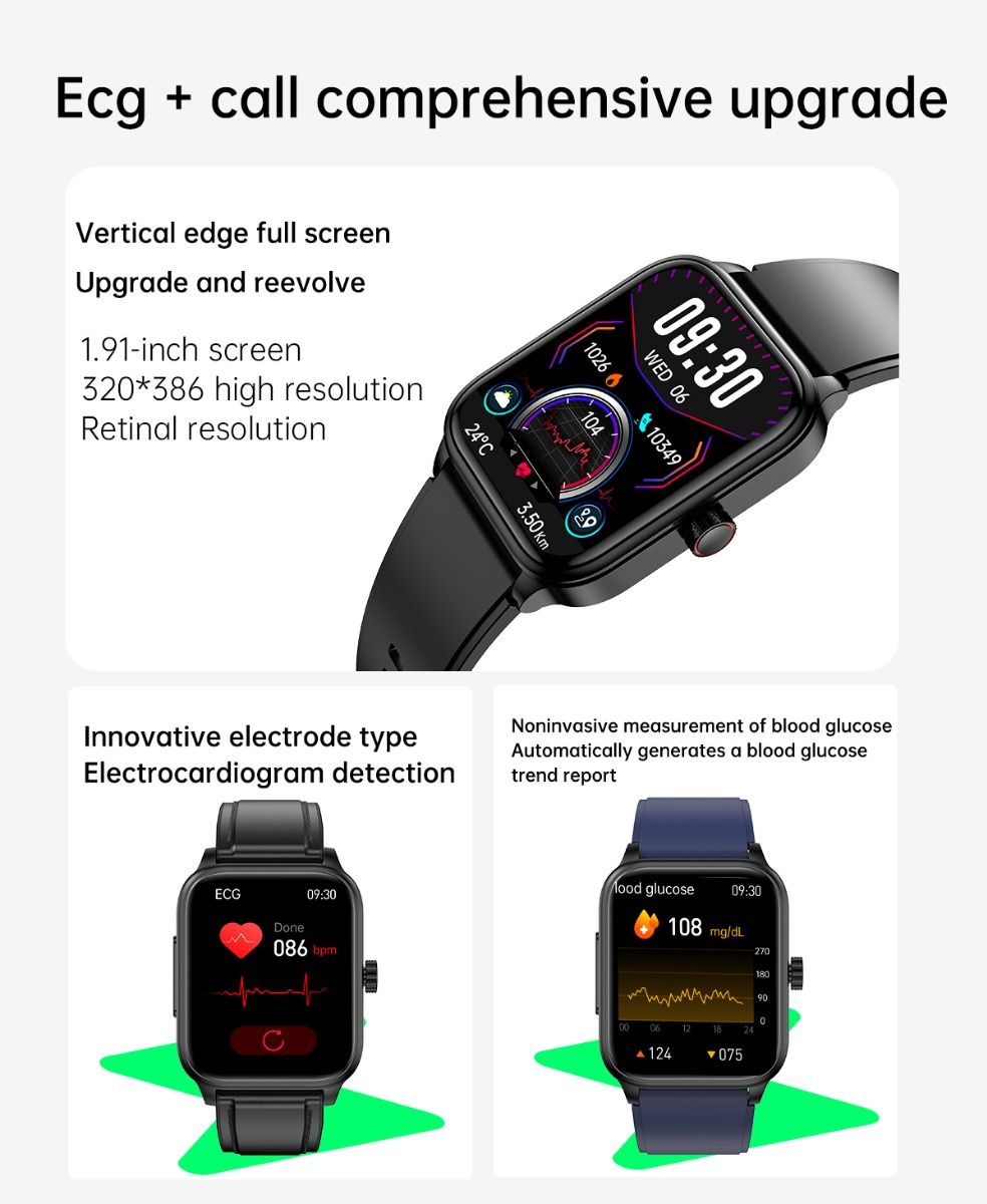 ET540 Blutzucker EKG Körpertemperatur Blutdruck Blutsauerstoff Herzfrequenz Bluetooth-Anruf Smartwatch Fitness-Tracker