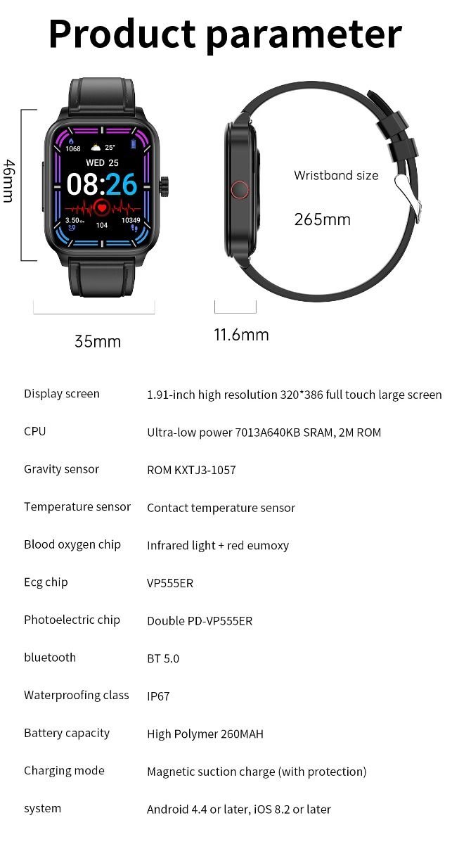 ET540 Blutzucker EKG Körpertemperatur Blutdruck Blutsauerstoff Herzfrequenz Bluetooth-Anruf Smartwatch Fitness-Tracker