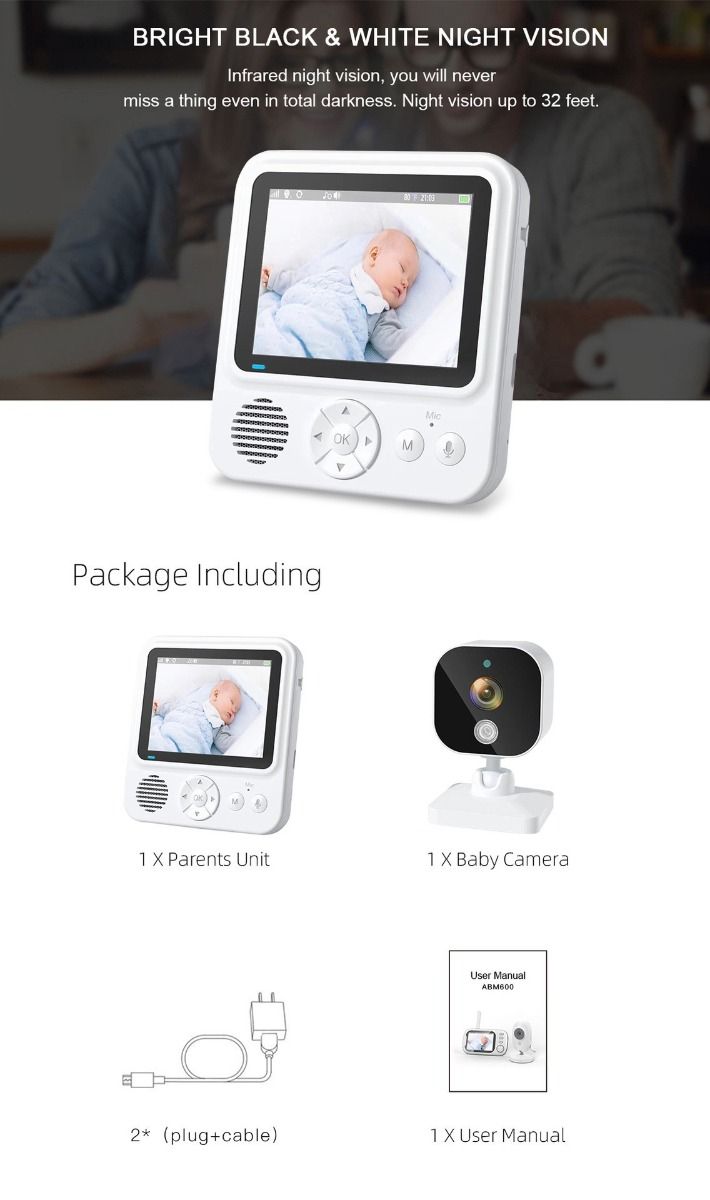 AMB900 Video-Babyphone mit 2,8 Zoll LCD-Display und 720P Auflösung Babykamera für moderne Eltern