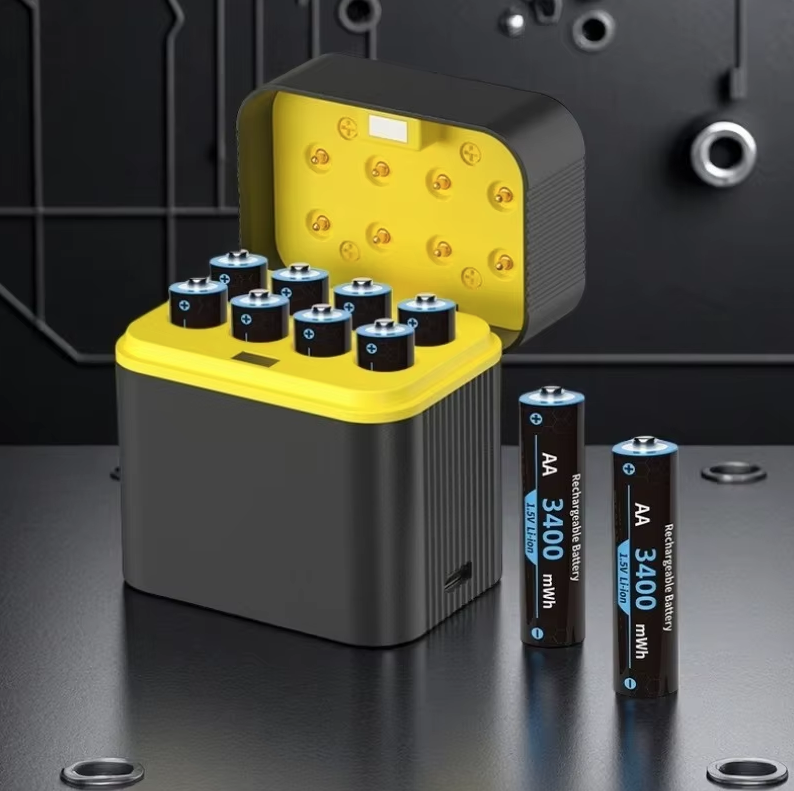 Wiederaufladbare AA-Lithium-Batterien mit Ladegerät, 8er-Pack 1,5 V 3000 mWh, Doppel-A-Batterie wiederaufladbar, langlebige wiederaufladbare Lithium-Ionen-AA-Batterien mit Ladestaufach