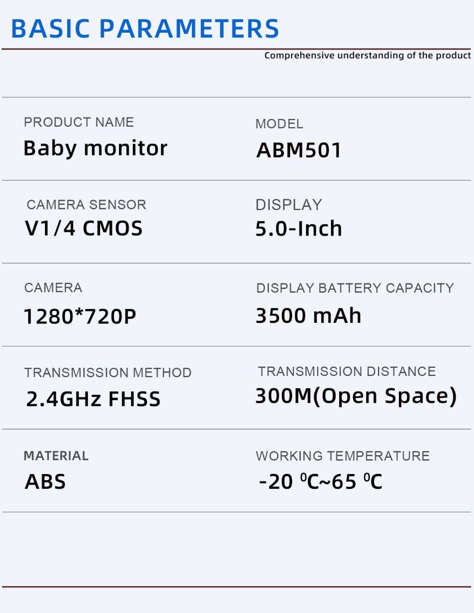 ABM501 Video-Babyfon 2,4G drahtlos 5,0 Zoll LCD Nachtsicht Zwei-Wege-Audio für Familiensicherheit