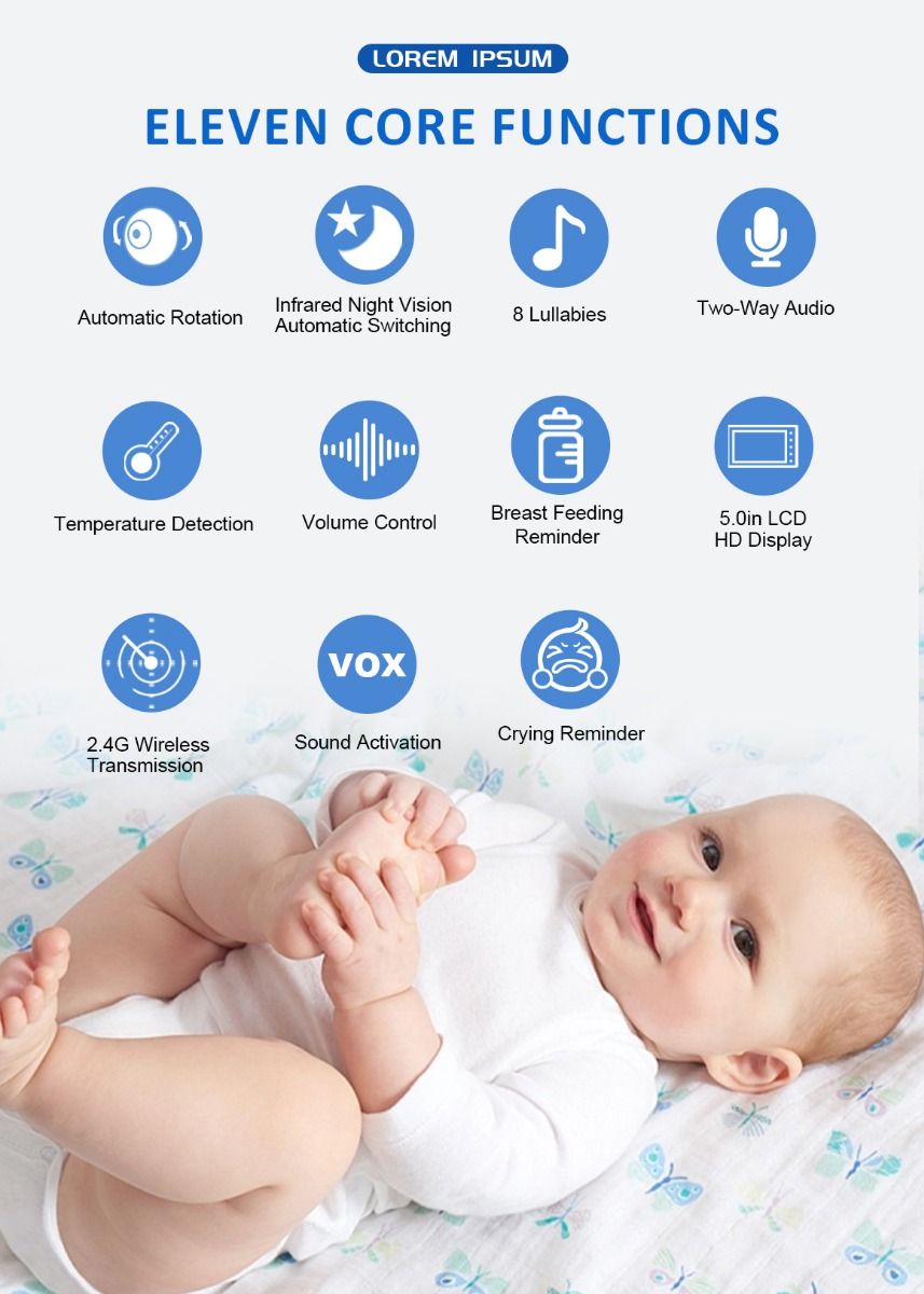 ABM501 Video-Babyfon 2,4G drahtlos 5,0 Zoll LCD Nachtsicht Zwei-Wege-Audio für Familiensicherheit