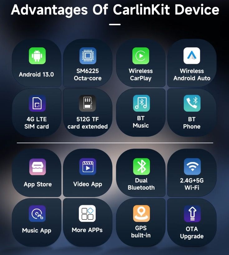 CarlinKit Smart TV Box mit Android 13 Kabelgebunden zu Drahtlos CarPlay KI-Box YouTube Netflix Qualcomm 8-Kerne