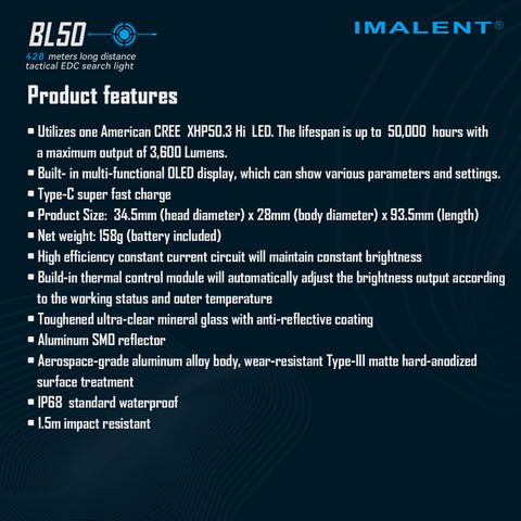 IMALENT BL50 3600 Lumen EDC Taschenlampe kompakt Type-C wiederaufladbar mit OLED-Display für Outdoor-Abenteuer