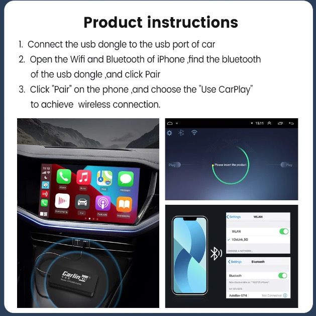 CarlinKit USB CarPlay Dongle Android Auto drahtlose Konnektivität, einfache Installation, Freisprechen, Musik