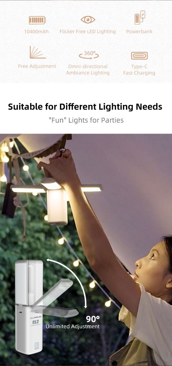 Klarus CL2 750 Lumen Freefolding Campinglicht augenschonende vielseitige Lampe mit 7 Lichtmodi und einstellbarem Winkel