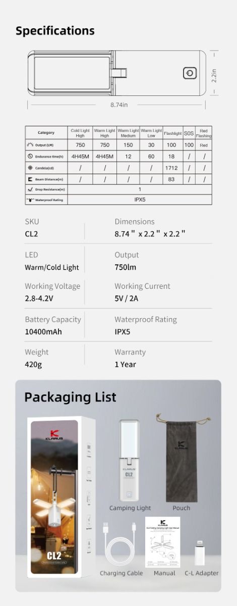 Klarus CL2 750 Lumen Freefolding Campinglicht augenschonende vielseitige Lampe mit 7 Lichtmodi und einstellbarem Winkel