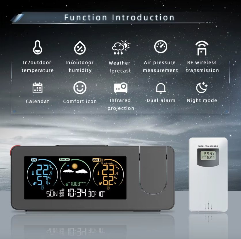 Innovative Projektionsuhr, Wand-Digitalwecker mit Wettervorhersage, stilvolles Design für die Wohndekoration