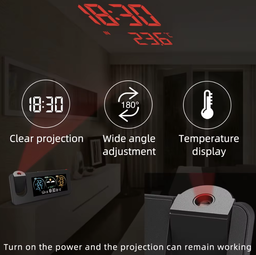 Innovative Projektionsuhr, Wand-Digitalwecker mit Wettervorhersage, stilvolles Design für die Wohndekoration