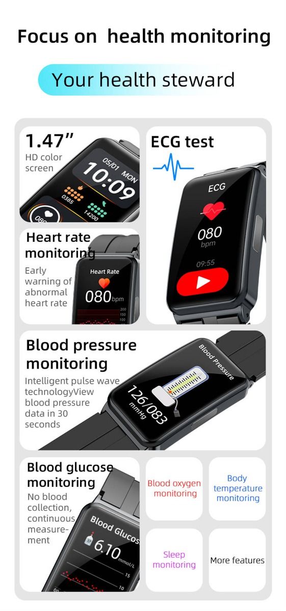 EP01 Blutglukose-Smartwatch: EKG, HRV, Herzfrequenz, Temperatur. 1,47 Zoll HD wasserdichter Fitness-Tracker