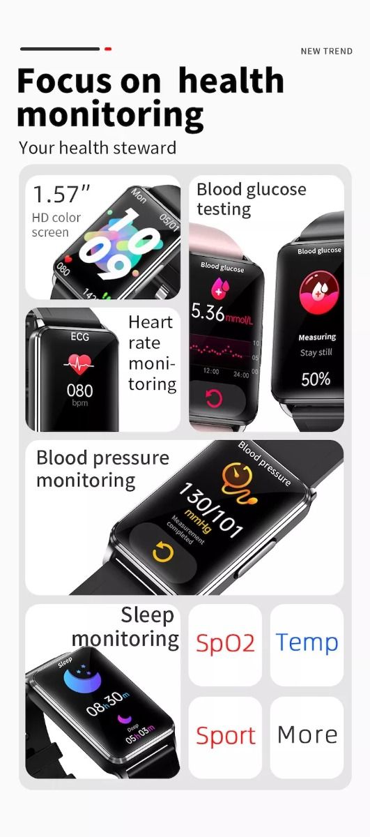 EP02 Blutzucker Smartwatch EKG HRV Herzfrequenz Temperatur 1,57 Zoll HD wasserdicht Smart-Armband Fitness-Tracker