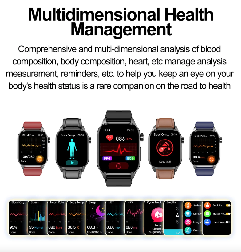 E580 Blutglukose Smartwatch EKG Herzfrequenz Blutdruck IP68 wasserdicht Smartwatch