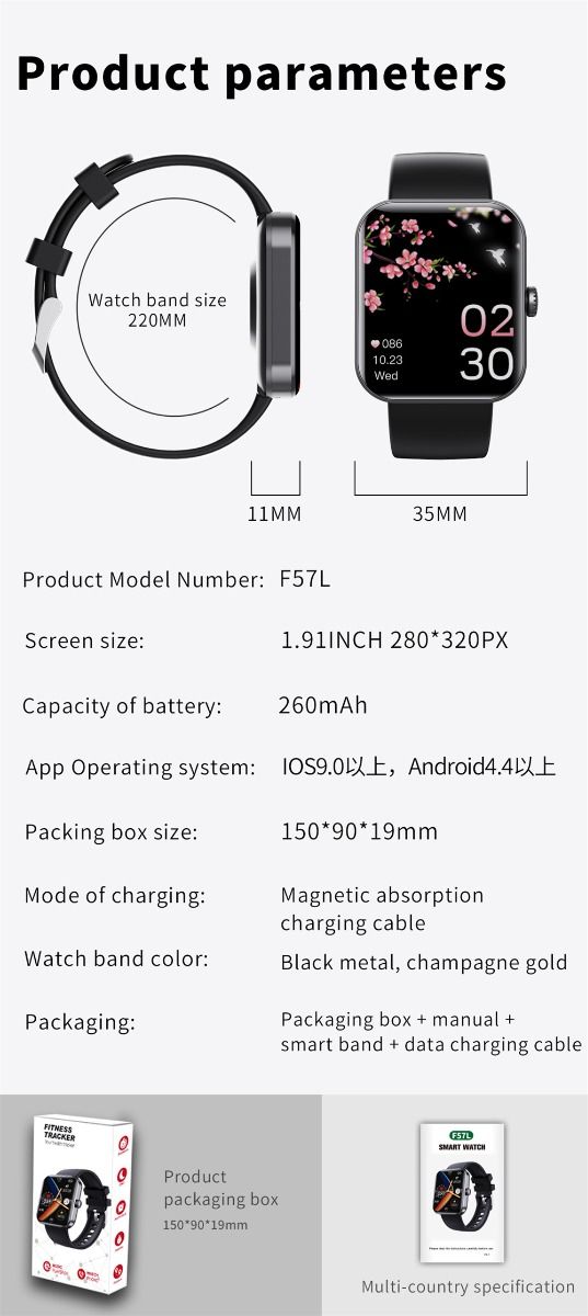 F57L Smartwatch Blutzucker Blutdruck Herzfrequenz Temperaturüberwachung Sportüberwachung 1,91 Zoll Sn