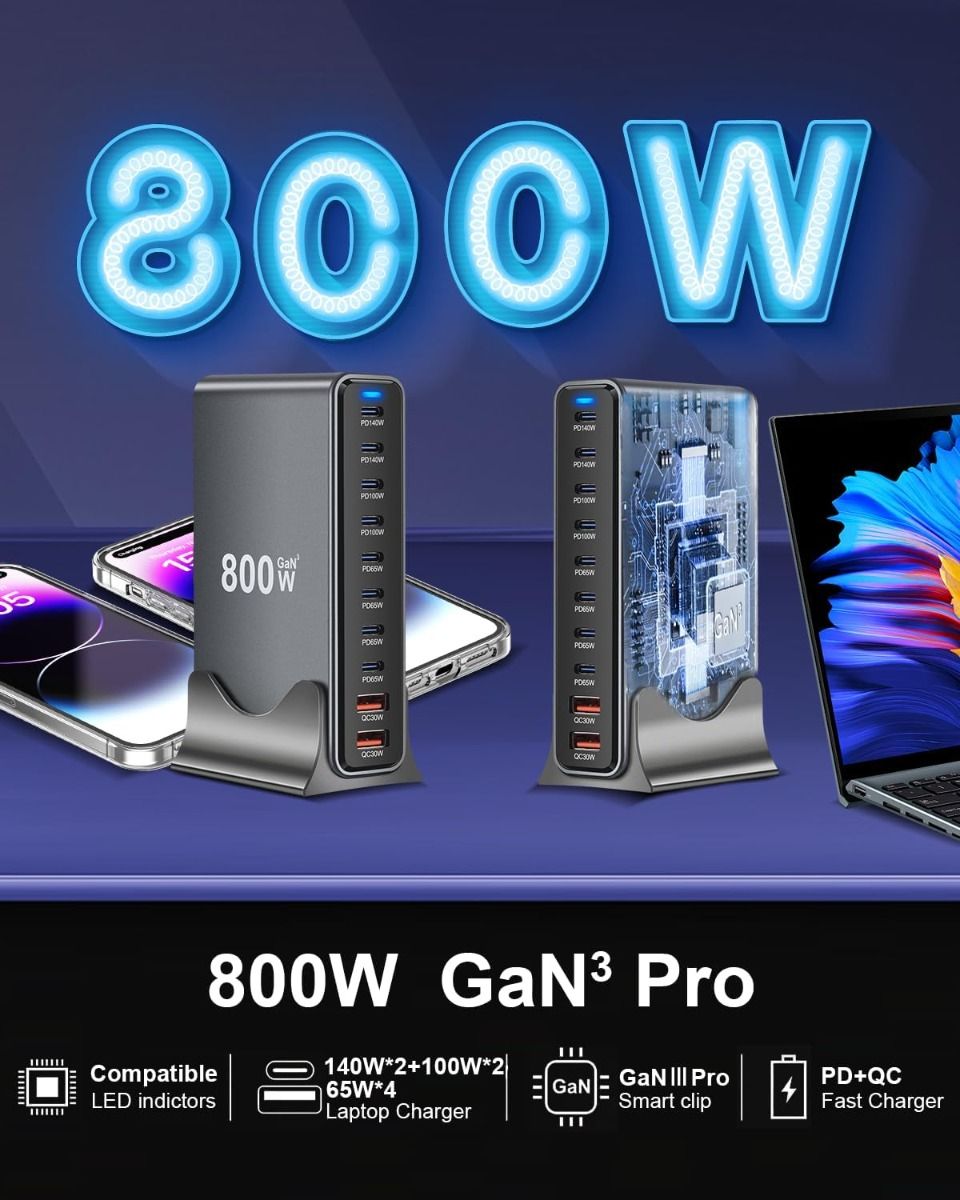 800W USB-C-Schnellladegerät-Block, 10-Port-USB-Ladestation, GaN Ⅲ Pro Dual 140W PD PPS Port-Ladegerät kompatibel