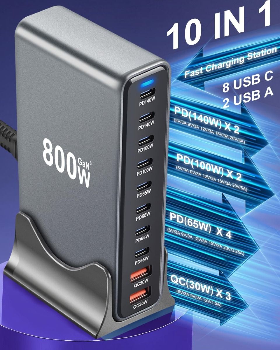 800W USB-C-Schnellladegerät-Block, 10-Port-USB-Ladestation, GaN Ⅲ Pro Dual 140W PD PPS Port-Ladegerät kompatibel