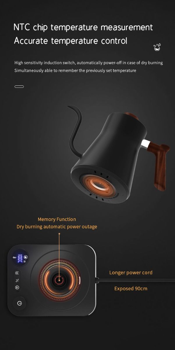 Elektrischer Gooseneck-Wasserkessel mit Echtzeit-Temperaturkontrolle, 1200 Watt schnelles Heizen, sicheres Design, präzises Ausgießen
