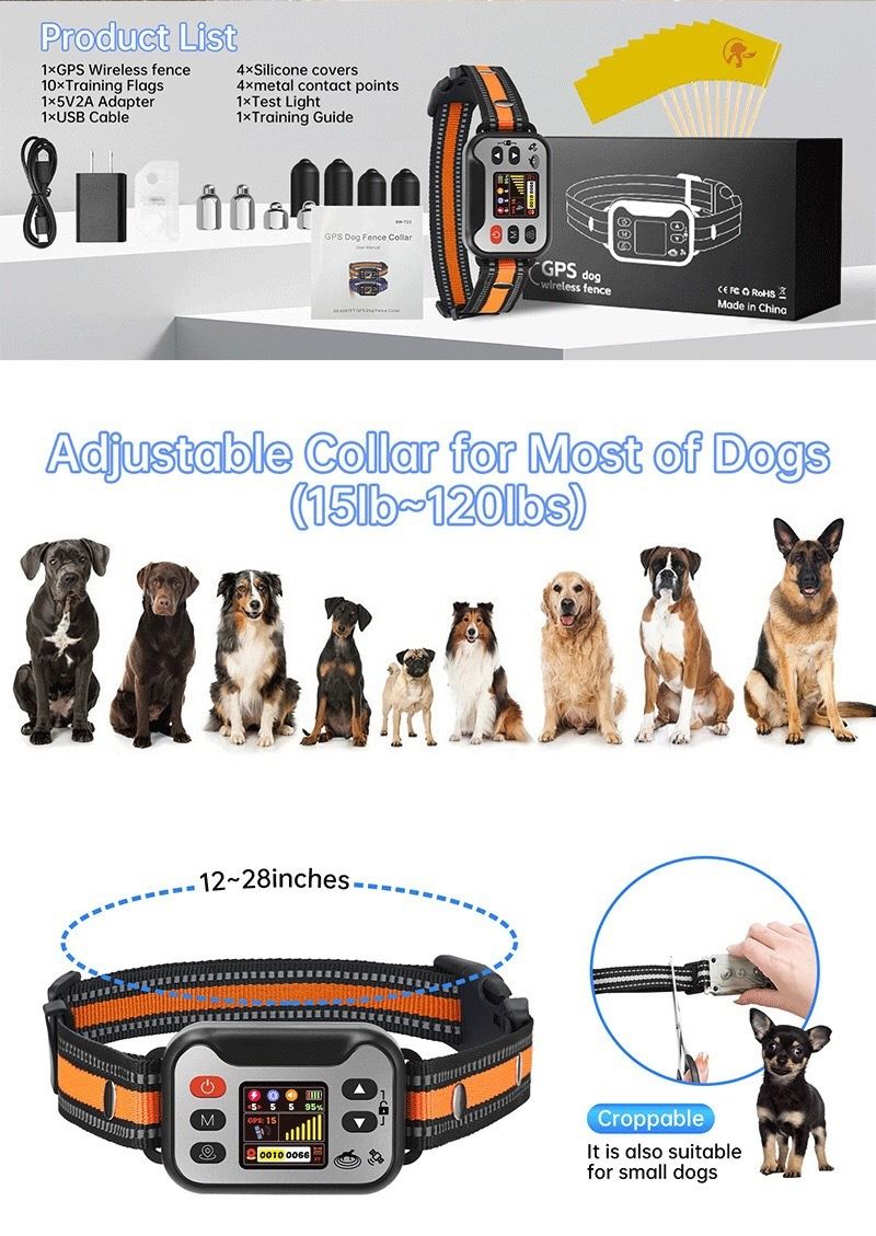 Kabelloses Hundezughalsband, GPS-Haustier-Eingrenzungssystem, wiederaufladbares Hunde-Bellhalsband , wasserdichter Anti-Bell-Trainer, für Hunde 15-120 lbs