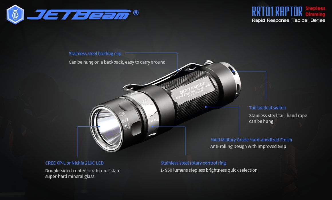 JETBeam JET-RRT01 XP-L 950 Lumen LED EDC Taschenlampe Langlebige Außenbeleuchtung für Camping Wandern
