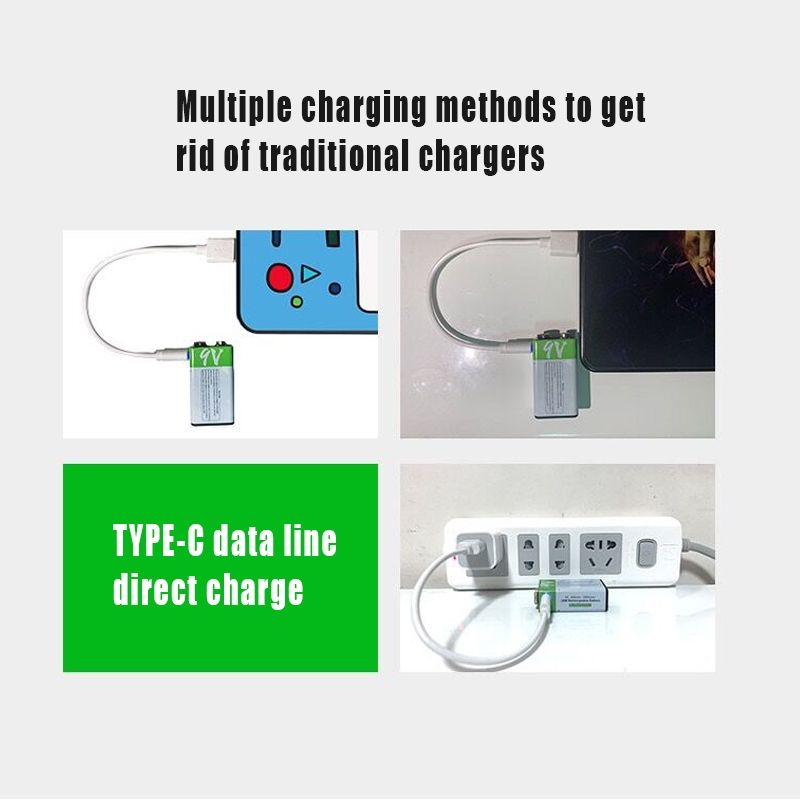 9V 6F22 650mAh USB-wiederaufladbarer Akku, umweltfreundlich, Li-Ion, Stromversorgung für Spielzeug, Mikrofon, Multimeter und mehr