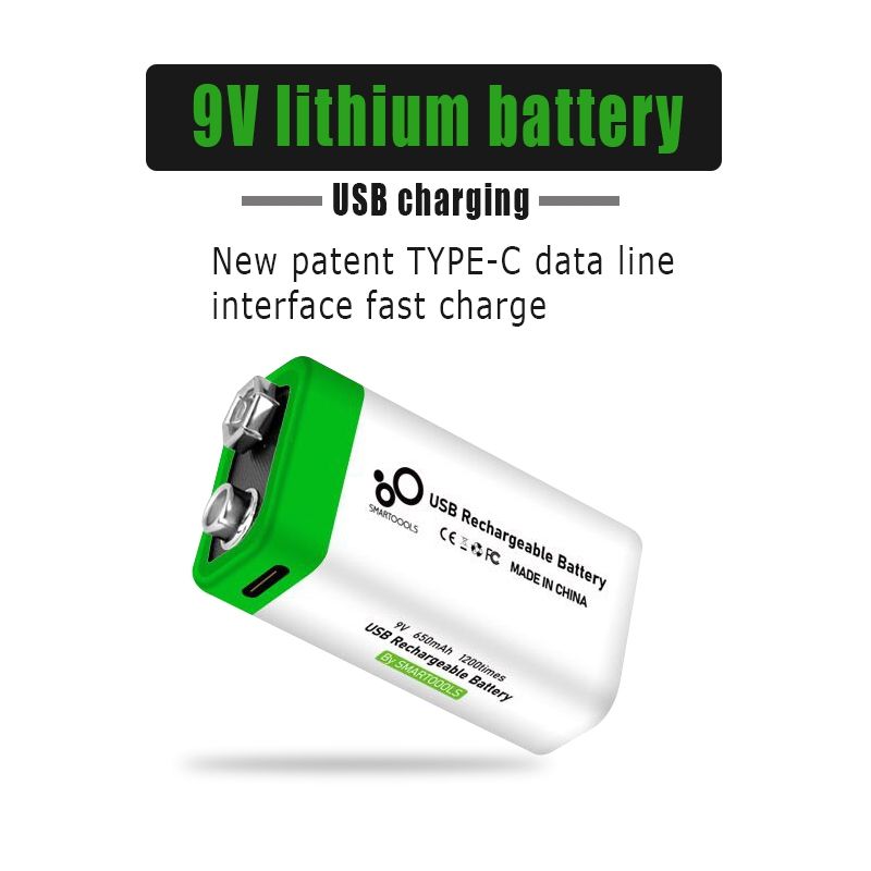 9V 6F22 650mAh USB-wiederaufladbarer Akku, umweltfreundlich, Li-Ion, Stromversorgung für Spielzeug, Mikrofon, Multimeter und mehr