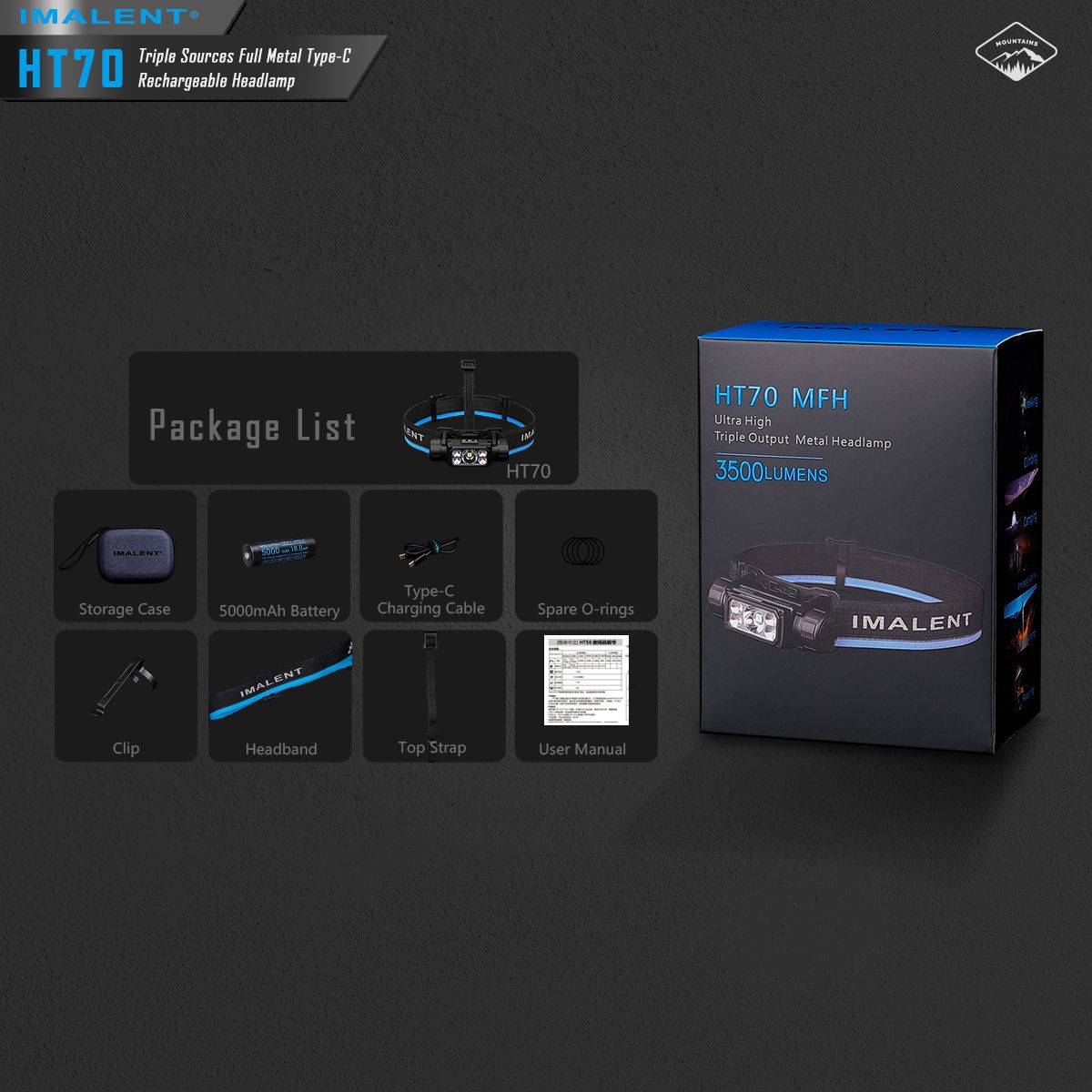 IMALENT HT70 Stirnlampe drei Lichtquellen 3500 Lumen ergonomisches Design vielseitige Betriebsmodi robust